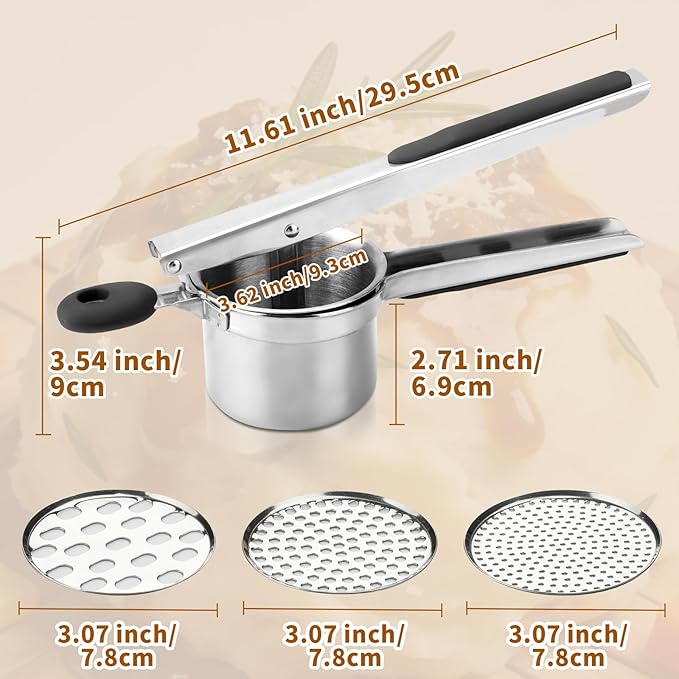 15oz Potato Ricer Heavy Duty Stainless Steel 3 Interchangeable Discs Potato Masher Spaetzle Maker with Silicone Handle, Ricer Kitchen Tool Perfect Ricer for Mashed Potatoes for Kitchen
