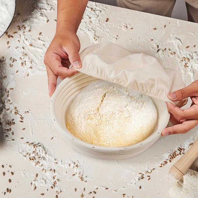 Dimpola Banneton Bread Proofing Basket Banneton Basket Set Sourdough Proofing Basket Round Proofing Bowls Handmade Rattan Baskets and Liners (Round 9 inch Baking Set)