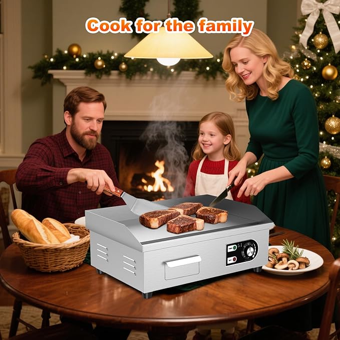 18’’ Commercial Electric Griddle - Electric Cast Iron Griddle w/Stainless Steel Material and Non-Stick, 110V Commercial Griddle w/ 1/2" Thick Iron Cooking Plate for Indoor and Restaurant