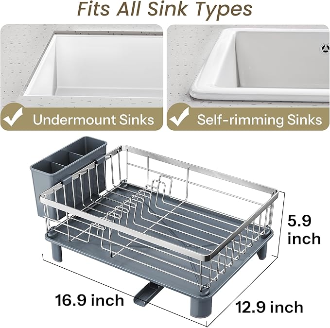 SNTD Dish Drying Rack - Small Dish Rack for Kitchen Counter, Stainless Steel Dish Drainer with Utensil Holder and Drainboard, 12.9" W x 16.9" L (Silver)