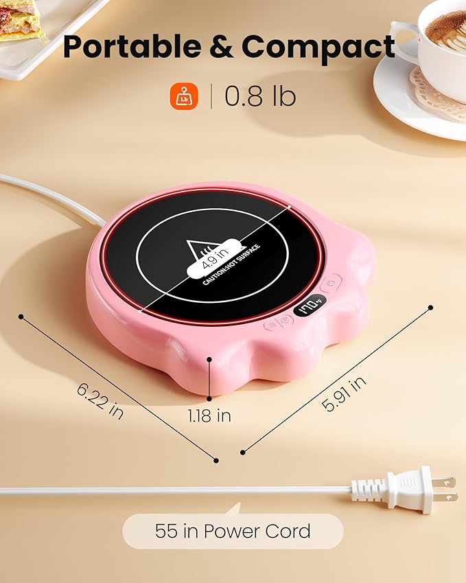 Gaiatop Mug Warmer, 50W Cute Cat Paw Cup Warmers, 3 Temp Settings, 2-10H Auto Shut Off, Coffee Accessories Keep Beverage Hot for Desk and Home, Heated Plate Stocking Stuffers for Tea Candle Pink