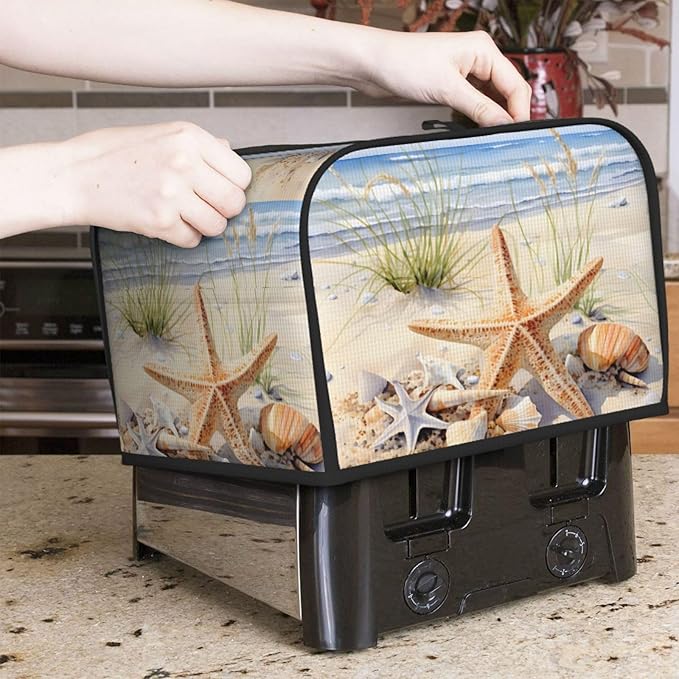 Toaster Cover 4 Slice Watercolor Starfish Seashell Beach Waterproof Appliance Cover with Hang Loop Bread Baker Toaster Cover for Kitchen