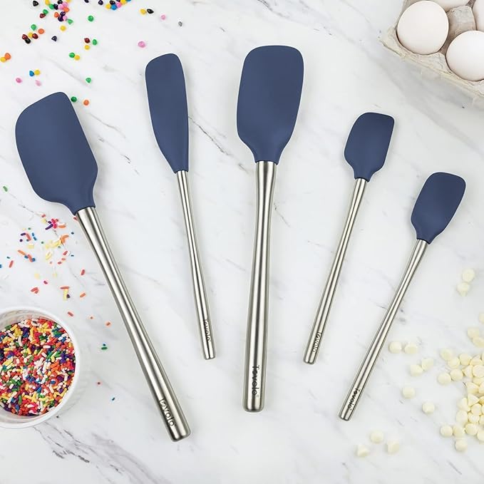 Tovolo Stainless Steel Handled Silicone Spatula Set of 5 Oyster Gray, Dishwasher Safe Kitchen Spatula Set for Cooking Baking, Non Toxic BPA Free Silicone Spatula set with Metal Steel Handle