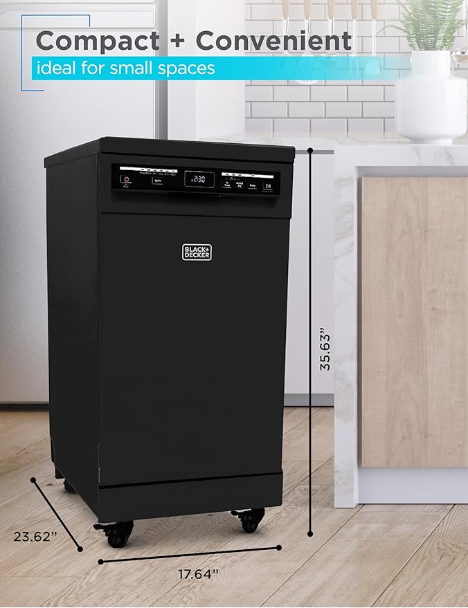 BLACK+DECKER 18-Inch Portable Dishwasher, 8-Place Setting Capacity, Mobile Dish Washer with 6 Wash Programs, LED Display, Stainless Steel Tub, ENERGY STAR Certified, BPD8B, Black