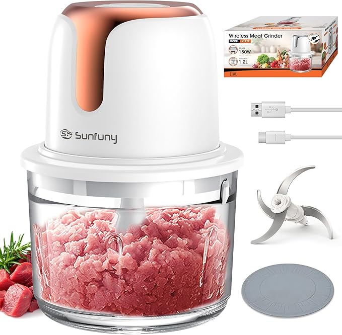 Sunfuny Cordless Food Processor, Mini Food Chopper Wireless with 5-Cup Glass Bowl, 6000mAh Battery USB-C Rechargeable Vegetable Chopper, Electric Meat Blender Garlic Grinder,Mom's Gift (Rose Gold)