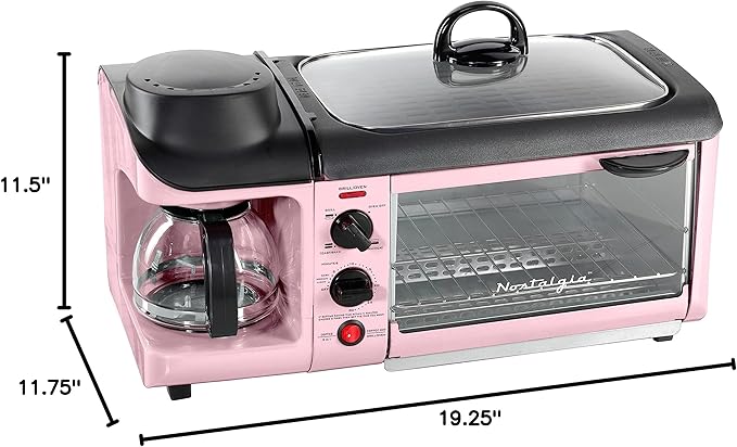 Nostalgia 3-in-1 Breakfast Station - Includes Coffee Maker, Non-Stick Griddle, and 4-Slice Toaster Oven - Versatile Breakfast Maker with Timer - Pink
