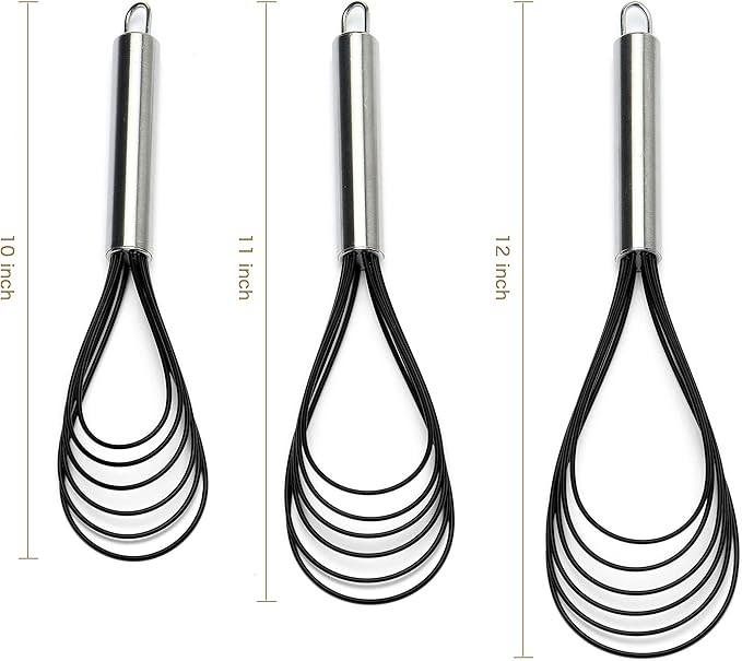 Flat Whisk Set,Stainless Steel 3 Pack 10''+11''+12'' Premium Sturdy-6 Silicone Heads Non Stick Wires Whisk for Blending Beating Stirring Kitchen Cooking by Jell-Cell (Black)