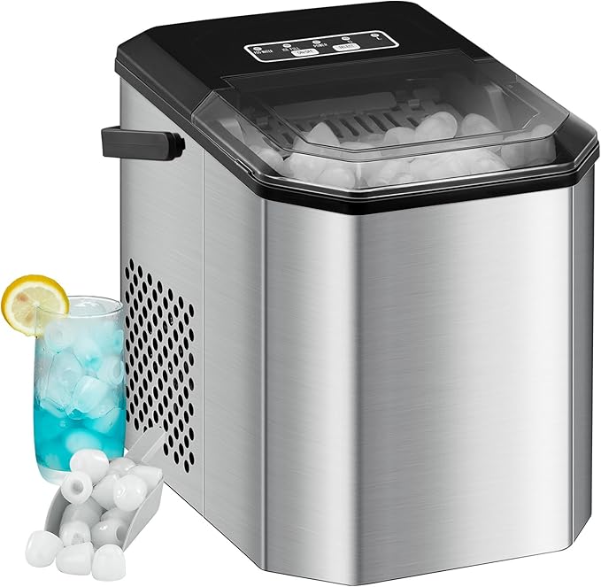 Garvee Countertop Ice Maker, 26 lbs in 24 Hrs, 9 Cubes Ready in 6 Mins with Ice Scoop and Basket, Portable Ice Cube Maker Self-Cleaning, 2 Sizes of Bullet Ice for Home Kitchen Office Bar Party