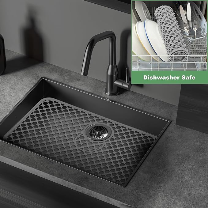 Sink Protectors for Kitchen Sink - Large 26.2"x 14" with Center Drain Hole Heat Resistant Easy Clean Non-slip Silicone Kitchens Sinks Mat for Bottom of Kitchen Sinks Stainless Steel(Grey)-66.5x35.6CM