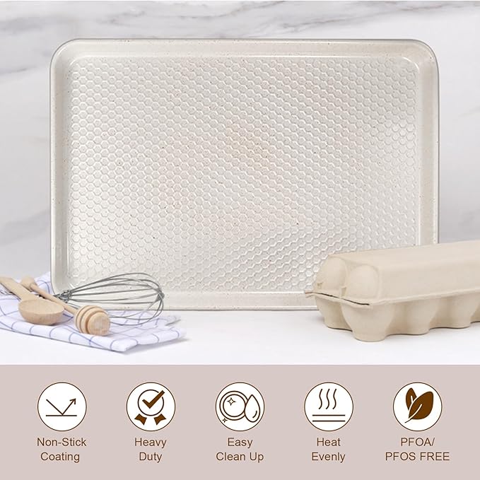 Wildone 2 Pack Half Sheet Baking Pans, Honeycomb Embossed Nonstick Baking Sheet 17.5x12 In, Thicker Carbon Steel Cookie Sheet, Even Heating & Warp Resistant, White