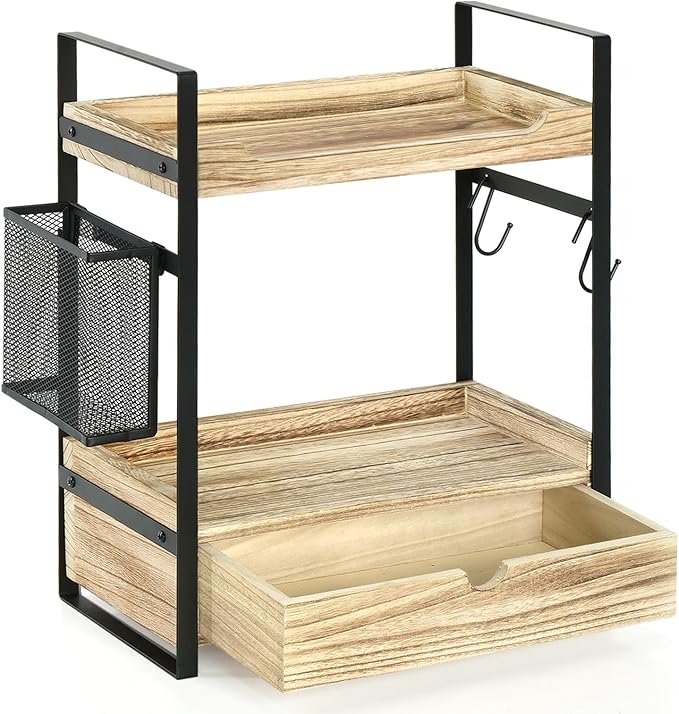 Coffee Station Organizer Countertop, Wooden Coffee Bar Accessories Organizer with Basket, 2 Mug Holder Hooks and Pod Drawer, Multifunctional 2 Tier Countertop Organizer for Kitchen, Bathroom, Office