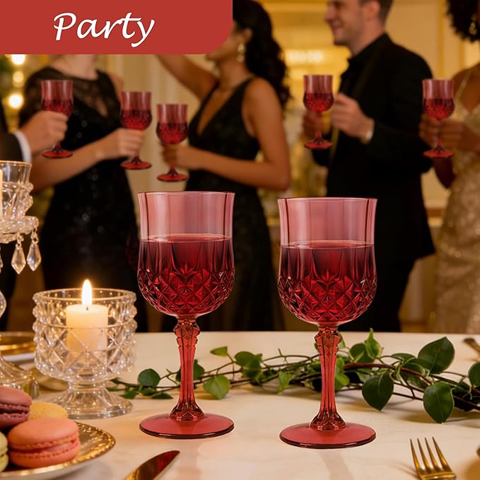 Plastic Wine Glasses, Plastic Goblets Vintage Style Cordial Unbreakable Drinking Glasses, Reusable Drinkware for Wedding Reception, Grand Event Party Supplies, Mother's Day (12, Burgundy)