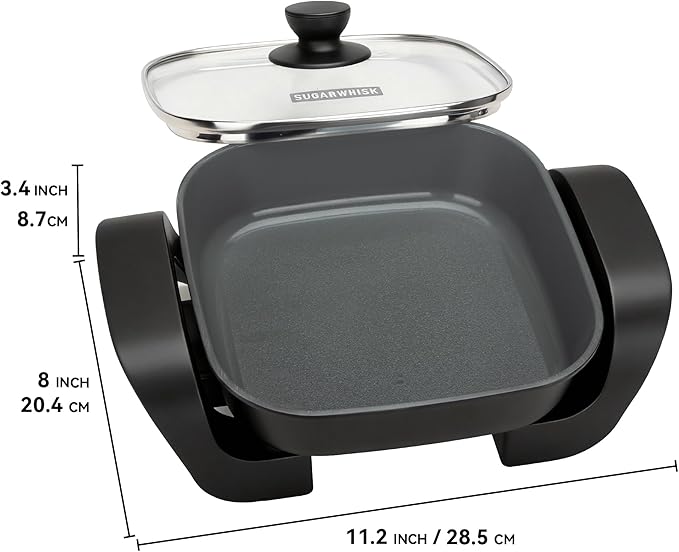 SugarWhisk 8-inch Ceramic Coated Electric Skillet with Lid, Non Stick Skillet Griddle Pan Electric, Rapid Heat Up, 650W, Breakfast Skillet, Kitchen Appliances for Cooking, Graphite
