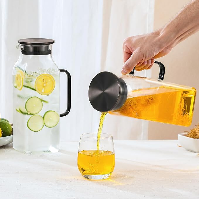 2 Pack 2 Liters/68 oz Square Glass Pitcher with Lid and Handle for Fridge, Iced Tea and Coffee Carafe Beverage Serveware, Heat Resistant Borosilicate Water Black Jug for Hot/Cold Drinks and Milk