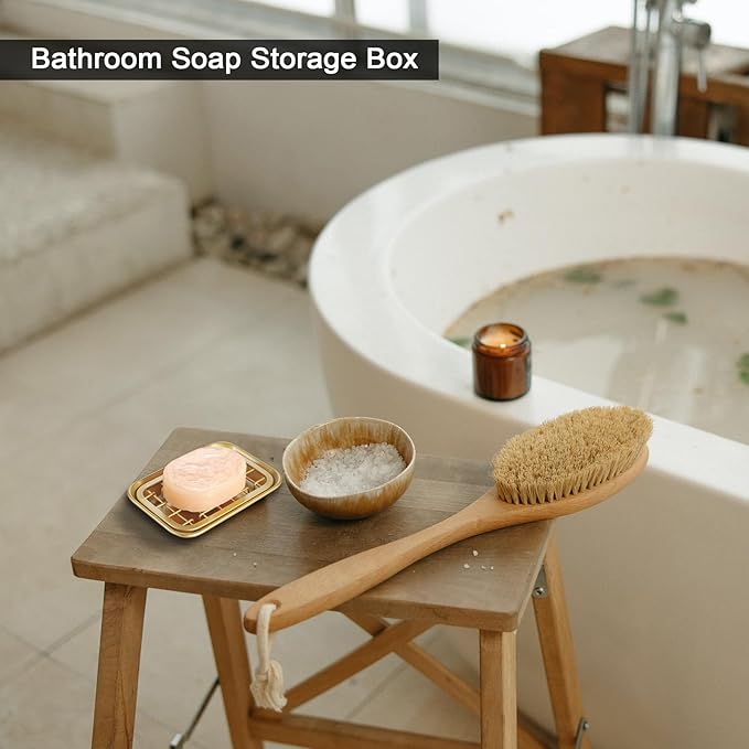 SheeChung 2 Pack Vintage Farmhouse Decor Metal Vanity Tray and 2 Pack Bathroom Soap Dishes Tray with Drain Metal Sponges Scrubber Holder Bar Soap Dispenser Saver - Gold