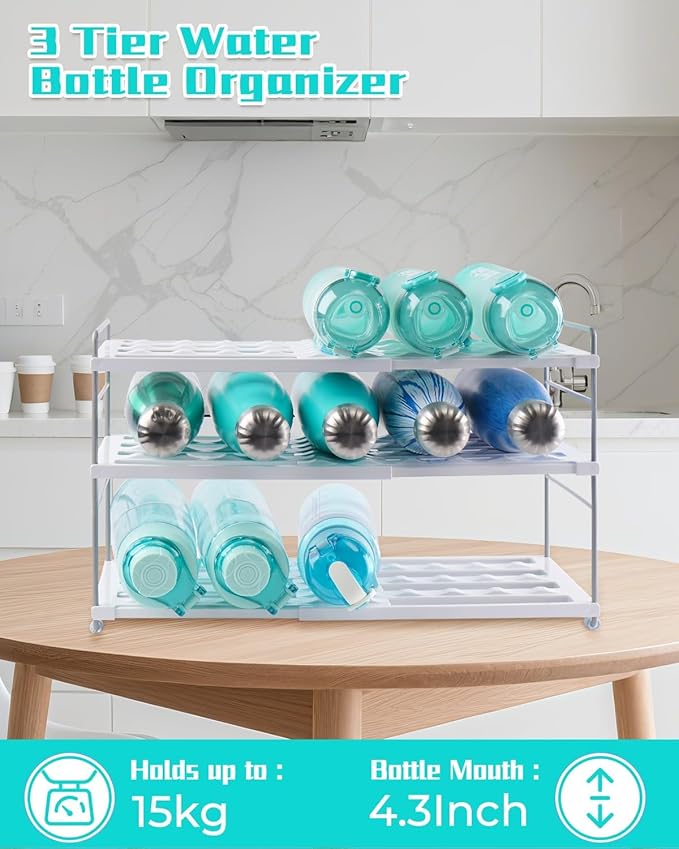 Cirhy Adjustable Water Bottle Organizer Holder for Cabinet, 3-Tier Expandable Water Bottle Storage Rack for Tumblers, Travel Mugs, and Cups – Kitchen Pantry Organization and Storage for Stanley Cups
