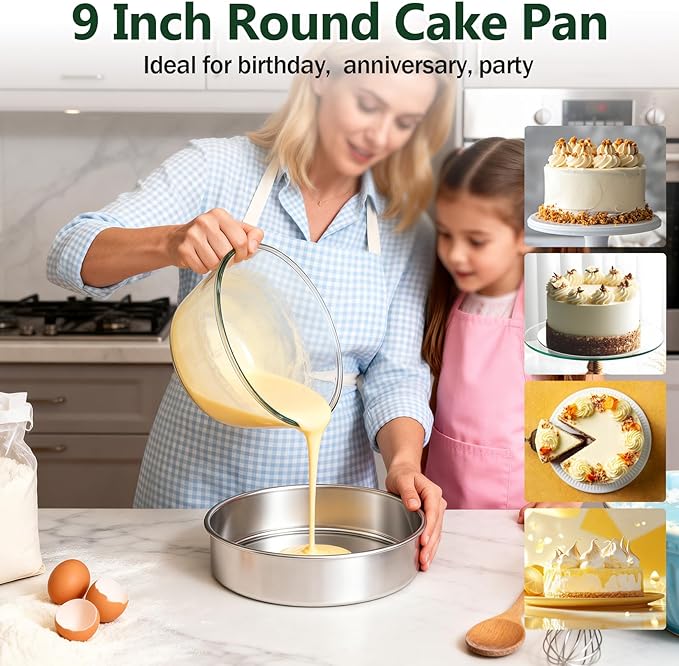 P&P CHEF 9 Inch Cake Pan Set of 3, 3 Pieces Round Layer Cake Baking Pans, Stainless Steel Smash Cake Tin Bakeware for Cooking Steaming, Nontoxic & Sturdy, Oven & Dishwasher Safe
