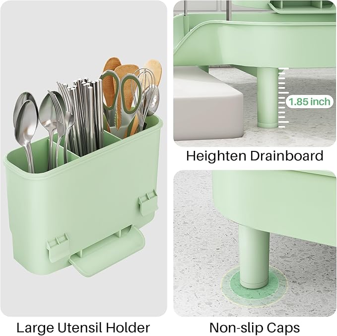 SAYZH Dish Drying Rack - Expandable Dish Rack for Kitchen Counter, Rust-Resistant Dish Drainer with Utensil Holder and Raised Guardrail, Kitchen Organizer for Cup and Bottle (Green)