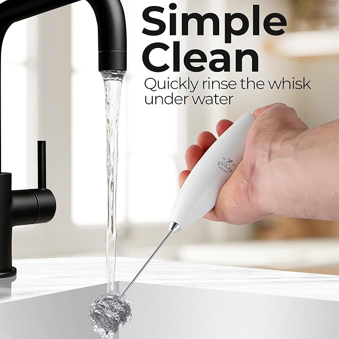 Zulay Kitchen Patented Tornado Triple Whisk Milk Frother with 4 Duracell Batteries – Handheld Foam Maker for Coffee, Lattes, Matcha & Hot Chocolate – Rich, Creamy Froth in Seconds - Blizzard White