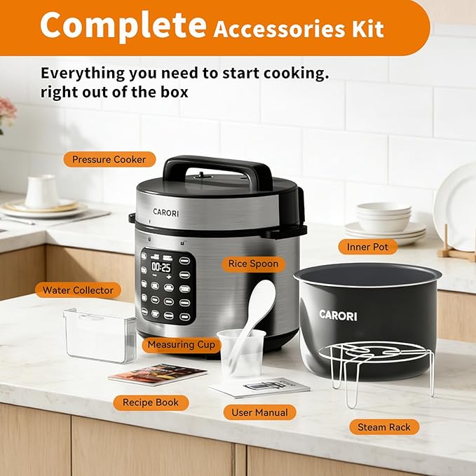 6Qt Electric Pressure Cooker, 9-in-1 Programmable with IMD Touchscreen, Rice Cooker, Slow Cook, Steam, Sauté, Warmer, 24H Delay Start, Non-Stick Ceramic Pot, 1000W, Silver