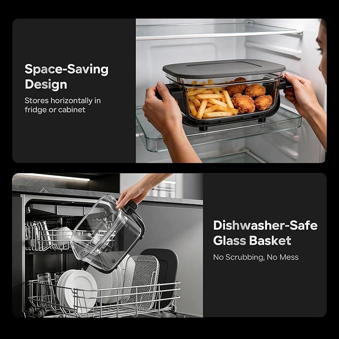 Glass Air Fryer Non Toxic, 6.3QT & 4.4QT Air Fryer with Dual Glass Baskets with Lids, 8-in-1 Portable Air Fryers Cristal, PFOA & PFAS-Free, Dishwasher Safe, Ideal Kitchen Gift