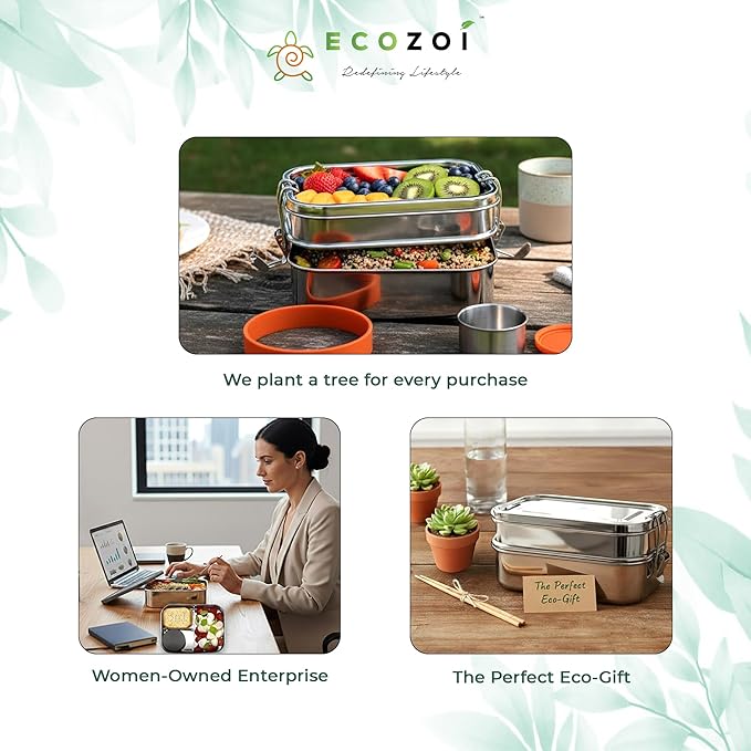 ecozoi Stainless Steel Lunch Box – 2 Tier Bento Box with Bonus Pod & 3 Compartments – Leak Proof Stainless Steel Lunch Box – Plastic Free, Eco Friendly, Dishwasher Safe, 60 oz
