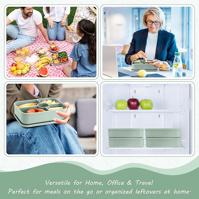 Jingmore 4 Pack Silicone Bento Boxes for Adults, 5 Compartment Reusable Lunch Containers with Sauce Section, Leakproof Meal Prep Snack Box Microwave & Dishwasher Safe for Office(Green)