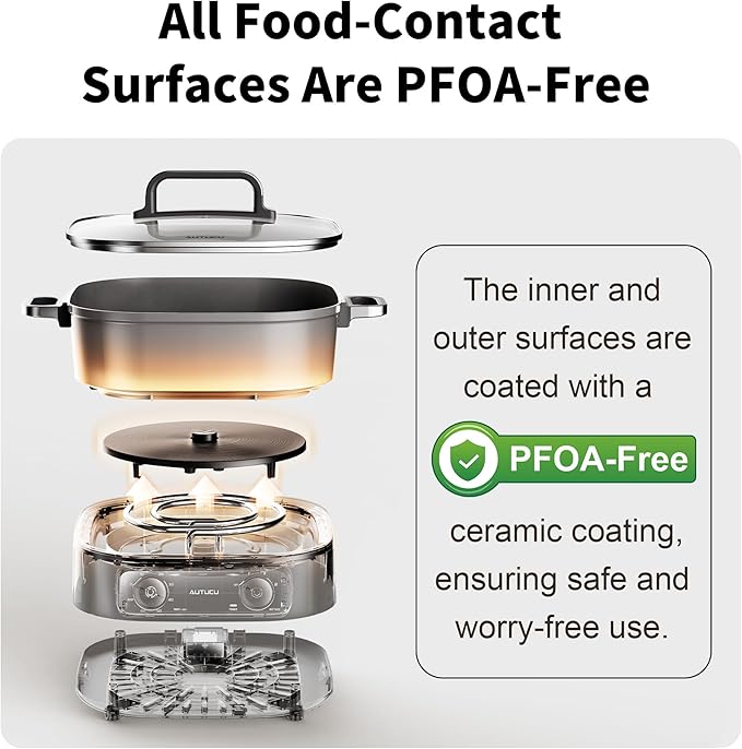 6-Quart Electric Skillet with Grill | Non-Stick PFOA-Free Ceramic-Coated Pot, 1600W, Timer & 3 Power Settings for Steak, Egg, Ramen (Includes Tongs) Pot & Grill