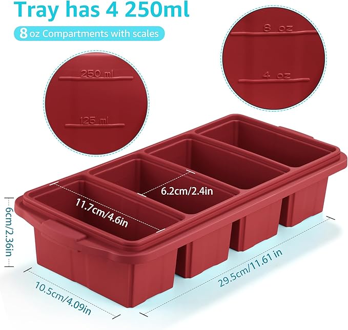 Ztomine Silicone Freezer Tray With Lid - Silicone Freezer Food Molds- Large Ice Cube Tray,Silicone Freezer Container,Freeze & Store Soup, Sauce, Broth,Leftovers - Makes 4 Perfect 1 Cup