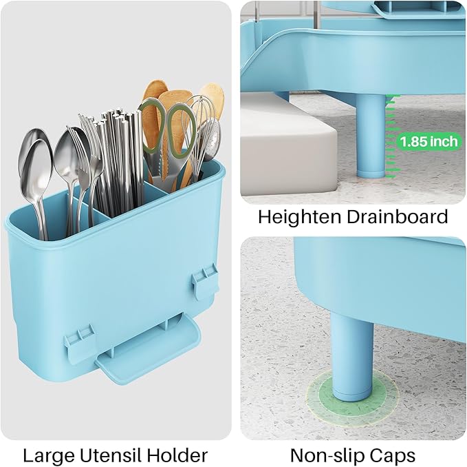 SAYZH Dish Drying Rack - Expandable Dish Rack for Kitchen Counter, Rust-Resistant Dish Drainer with Utensil Holder and Raised Guardrail, Kitchen Organizer for Cup and Bottle (Blue)