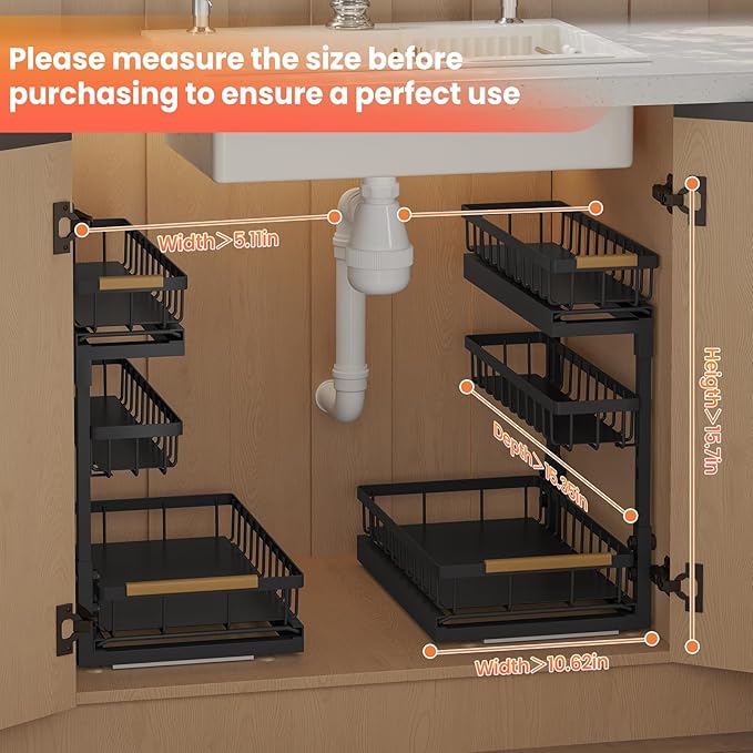 Under Sink Organizer and Storage for Bathroom and Kitchen - 2 Pack 3 Tier Under Cabinet Pull Out Shelf Organizers - Slide Out Drawer Organization for Home Cabinets Shelves and Drawers