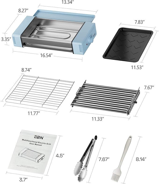 HBN Indoor Grill and Electric Griddle, 3-in-1 Smokeless Indoor Grill with Grill Rack & Nonstick Griddle & Sausage Grill Korean BBQ grill for Kitchen, Dishwasher Safe, 400F (Sky Blue)