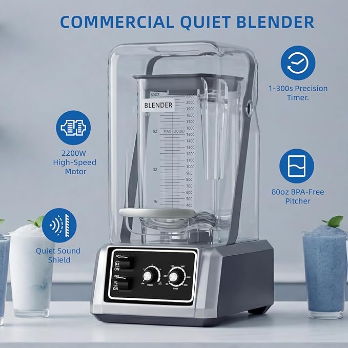 BLEOU Commercial Quiet Shield Blender, 2200W Professional Smoothie Blender with Timer & 15-Speed Control, 80oz/2.2L BPA-Free Pitcher for Cafes, Bars and Home Use