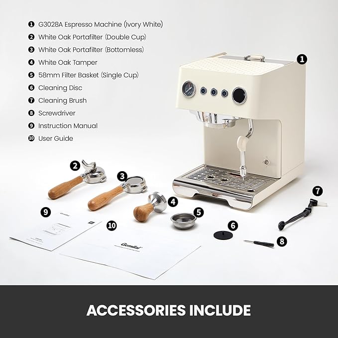 Gemilai G3028A Espresso Machine, 15 Bar Professional Coffee Maker with Adjustable Pressure & Automatic Milk Frother, Dual PID & 550ml Boiler, 57oz Tank, Stainless Steel for Cappuccino, Latte White
