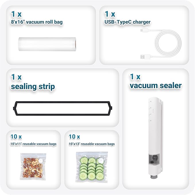 Compact Vacuum Sealer for Food, Magnetic Back, 60kPa Powerful Handheld Vacuum Sealer with 20 Reusable Bags & 1 Vacuum Roll Bags