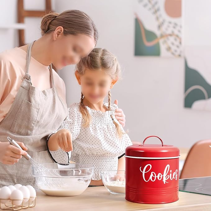DAYYET Farmhouse Cookie Jar for Kitchen Counter, 1 Gallon Vintage Cookie Jar with Airtight Lid, Large Food Storage Container for Candy, Cookies, Dessert, Red Kitchen Decor and Accessories