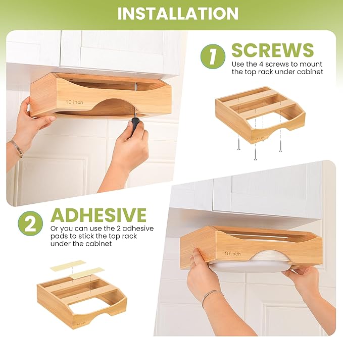 10-inch Paper Plate Dispenser Under Cabinet, Bamboo Paper Plate Holders, Kitchen Counter Vertical Plate Dispensers Holders Countertop Caddy(For 10-inch Plates, Bamboo)