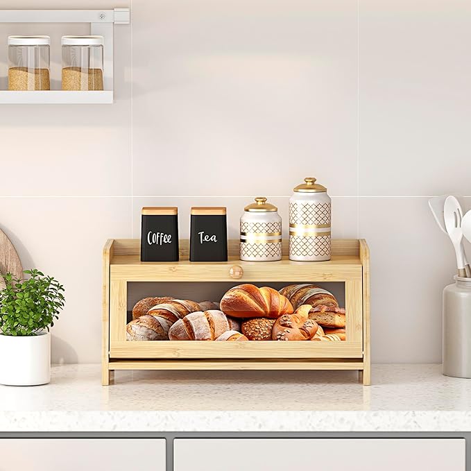 JANSNIMEN Bread Box for Kitchen Countertop, Large Bread Container Storage, Wooden Farmhouse Bread Box with Window Bread Holder (Natural Bamboo)