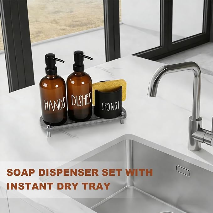 Amber Glass Soap Dispenser, Kitchen soap Dispenser with Sponge Holder, Dish and Hand soap Dispenser Set with Tray,Instant Dry Tray, Amber