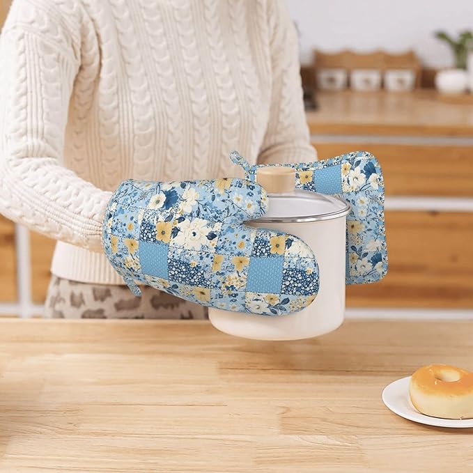 Oven Mitts and Pot Holders Floral Blue Pastel Vintage Silicone Kitchen Accessories Set of 4 Heat Resistant Long Gloves Potholder Non-Slip Grip for Chef Cooking Baking Grilling BBQ