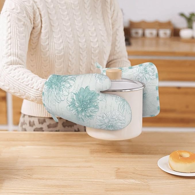 Oven Mitts and Pot Holders Dahlia Flower Pastel Vintage Silicone Kitchen Accessories Set of 4 Heat Resistant Long Gloves Potholder Non-Slip Grip for Chef Cooking Baking Grilling BBQ