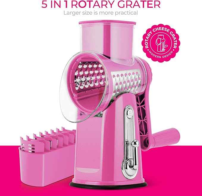 SUSTEAS Rotary Cheese Grater with Handle - Vegetable Shredder with 5 Well-designed Blades & Strong Suction Base,Round Mandoline Slicer & Food Chopper for Kitchen,with Blade Storage Box(Pink)