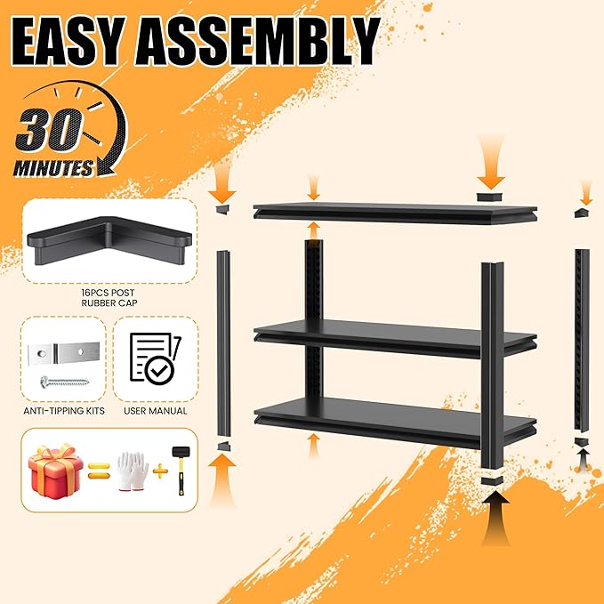 Heavy Duty Garage Shelving, Metal Storage Shelves, 3 Tier Adjustable Storage Shelves, Metel Shelving, Industrial Utility Rack for Garage, Warehouse, Workshop,31.5" H×34" W×18" D
