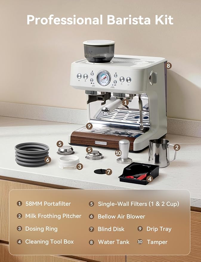 COUPLUX Espresso Machine with Grinder, 58MM Café (2026 UPGRADED) Espresso Machine with Anti-Static Grinder/Milk Steam Wand 15 Bar Espresso Coffee Machines For Home Cappuccino & Latte Stainless Steel