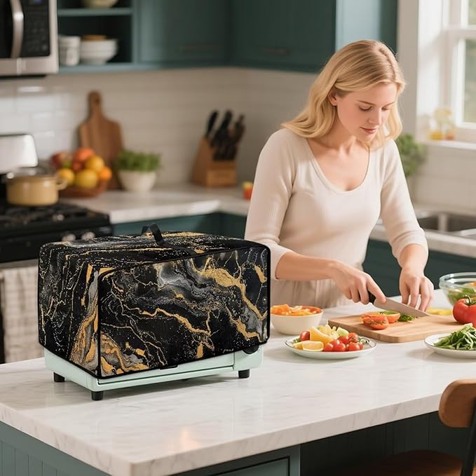 Air Fryer Toaster Oven Dust Cover Dustproof Modern Design Convection Oven Cover with Side Pockets for Small Kitchen Appliances, M, 16.5 x 20.5 x 10 inches, Black Gold Marble