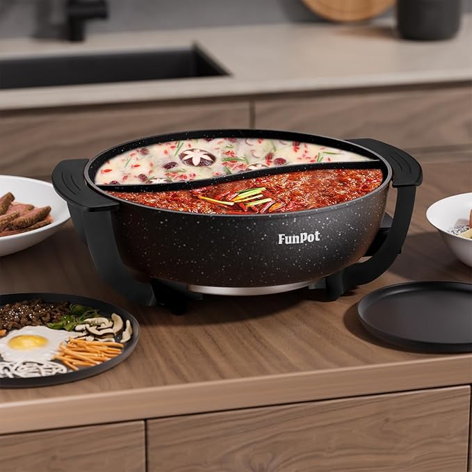 6L Dual-Sided Electric Hot Pot with Cool-Touch Handles, 1100W Adjustable Heat, Hexagonal Non-Stick Interior & Overheat Protection (Wraparound Black Handles)
