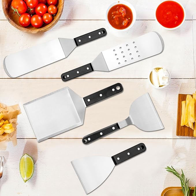25Pcs Griddle Accessories Kit, Leonyo Flat Top Grill Accessories, Commercial Grilling Tools with Enlarged Spatulas, Basting Cover, Metal Scraper, Smash Burger Press for Outdoor Barbecue, ABS Handle
