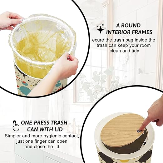 Trash Can with Lid Mid century fifties modern atomic retro colors seamless pattern Part Press Top Round Small Garbage Bin with Wooden Legs Waste Basket for Kitchen Bedroom Nursery 7L/1.8 Gallon