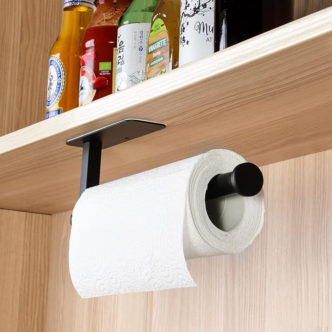 ASTOFLI Paper Towel Holder Under Cabinet No Drilling, Self Adhesive Paper Towel Holder Wall Mount for Kitchen Rack, Under Counter Napin Holder No Drill, 304 Stainless Steel Matte Black