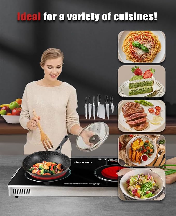 23" Portable Infrared 2 Burner 3500 Electri Burner with 2 Hours Timer-Electric Hot Plate Touch Control Panel Adjustable Heating Power Glass Plate Electric Cooktop for Cooking
